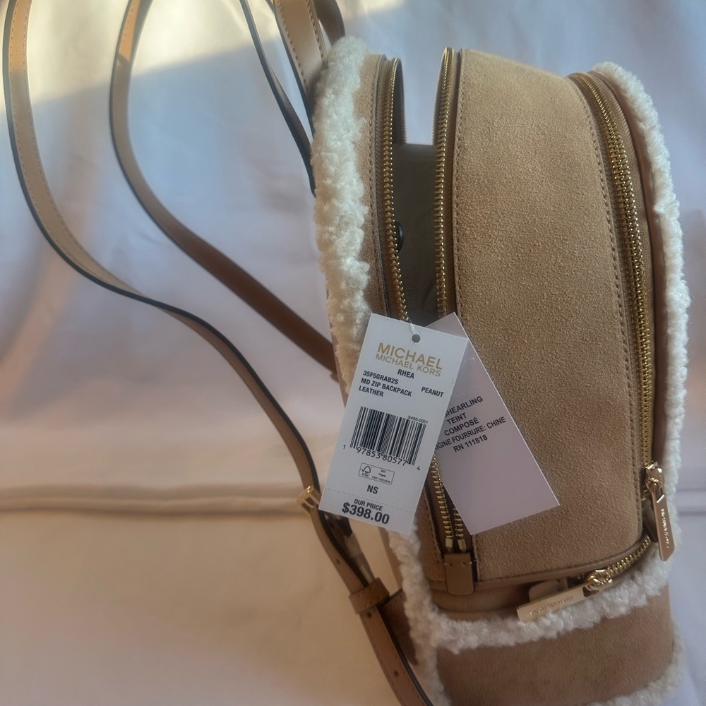 Michael Kors Rhea Medium Zip Peanut Backpack with Shearling Accents - Picture 2 of 5